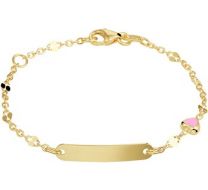 Gouden kinder/peuter naamplaat armbandje fantasie schakeltje roze hartje 11-13 cm.