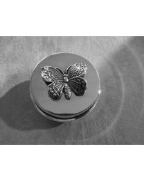Zilveren doosje met donker zilveren vlinder.