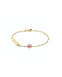 Gouden kinder graveer armband met roze bloem.