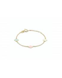 Gouden kinder armbandje met gekleurde bloemen.